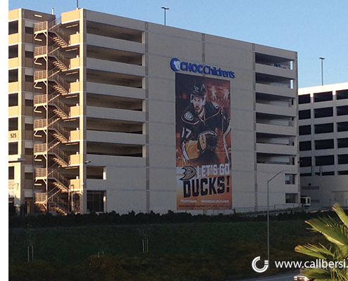 Anaheim Ducks Banner on the side of CHOC Hospital - Orange County by Caliber Signs & Imaging - Call 949-748-1070